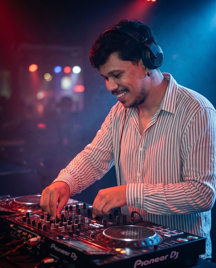 Foto de estúdio para DJ gerada com IA — Commercial editorial DJ performance portrait #013