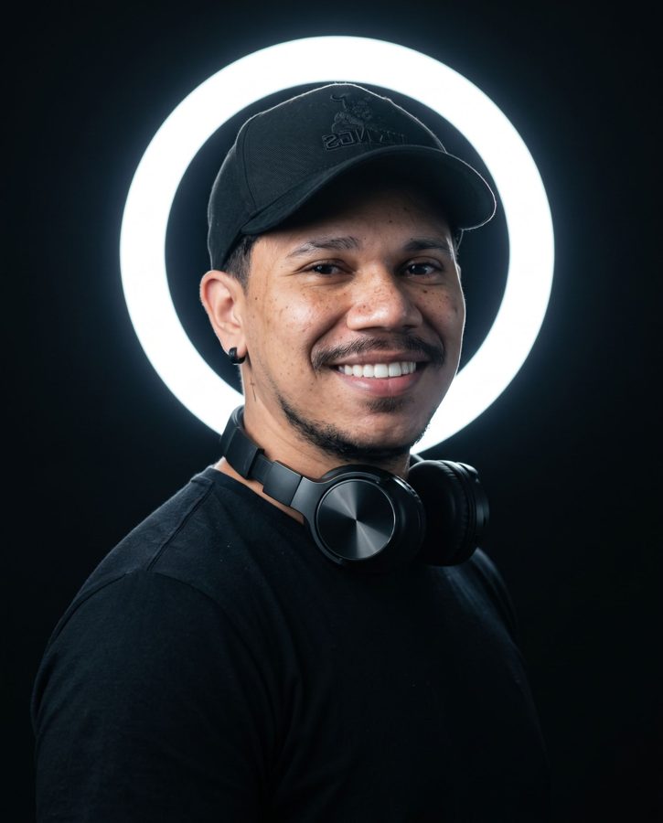 Foto de estúdio para DJ gerada com IA — Cinematic studio portrait with high-contrast minimalist aest #006
